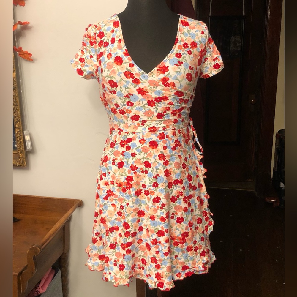 💙5 for $20💙 NEW Colorful Floral Ruffle Faux Wrap Side-Tie Ruched Mini Dress